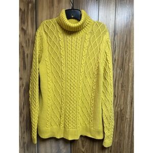 Lands' End Sweater Womens Yellow Cable Knit Large Pullover Turtleneck preppy